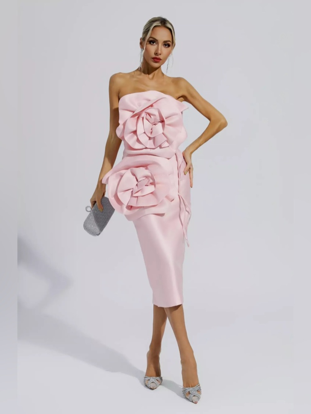 Strapless Blush Pink Floral Appliqué Midi Dress